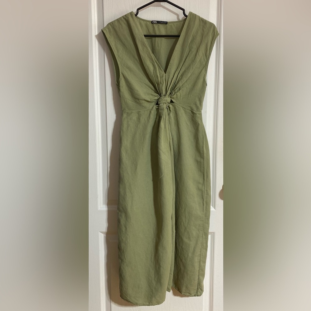 Zara Linen Blend Front Knot Slit Midi Lightweight Coastal Green Dress Size Small - Picture 5 of 12